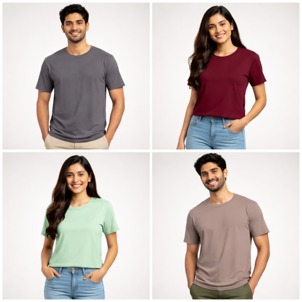 Four people wearing plain t-shirts in different colors on a white background the banyan tee