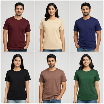 Collage of six people wearing different colored t-shirts on a gray background the banyan tee combo