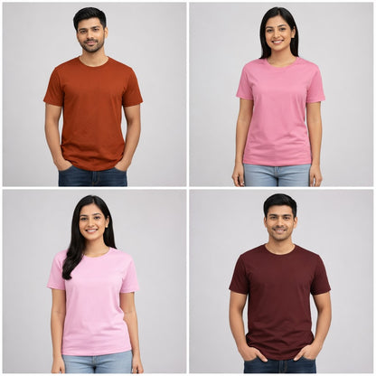 Four people wearing different colored t-shirts on a gray background the banyan tee combo