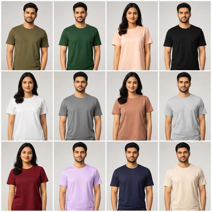 Grid of people wearing plain t-shirts in various colors against a gray background the banyan tee combo