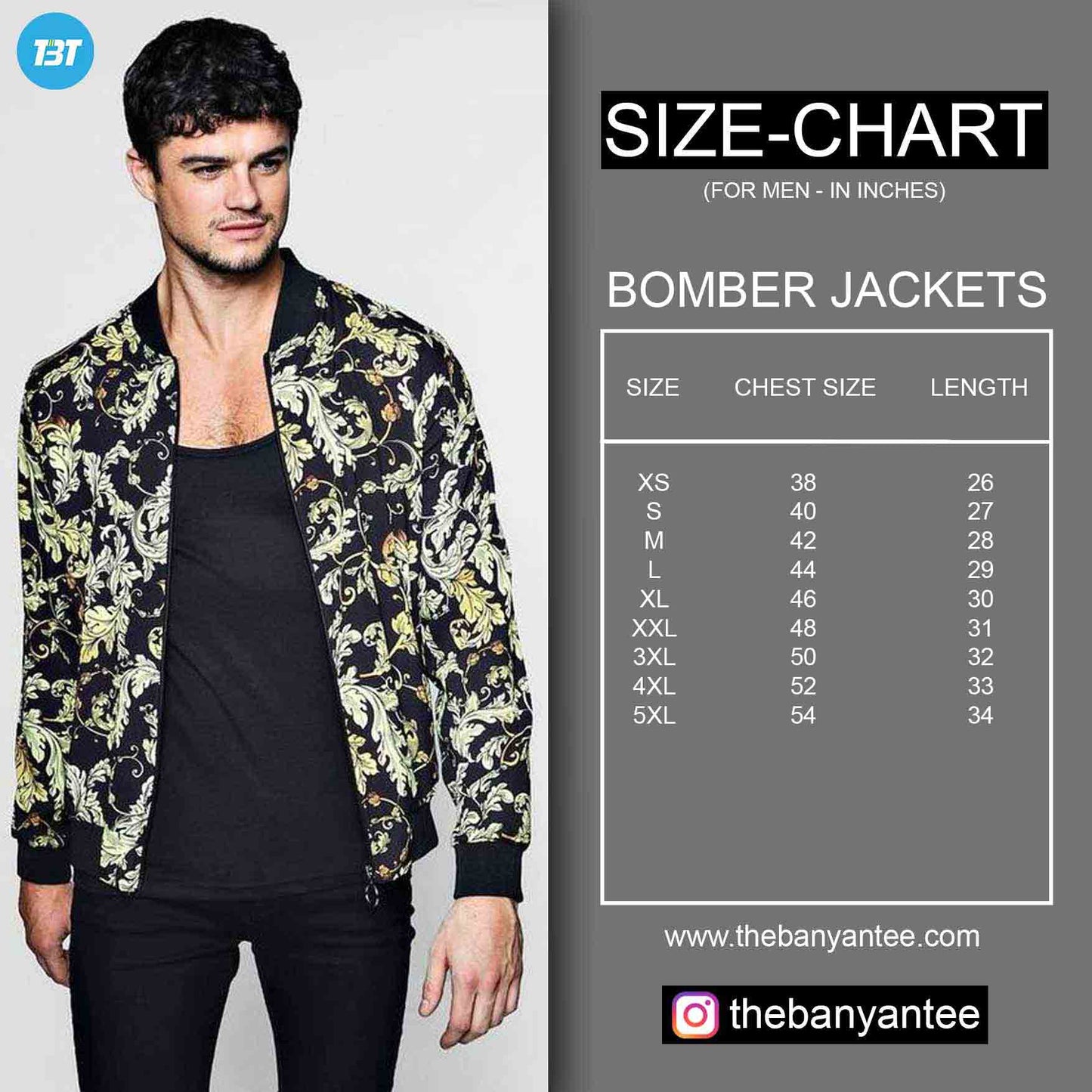 The Banyan Tee Men's Bomber Jacket Size Chart
