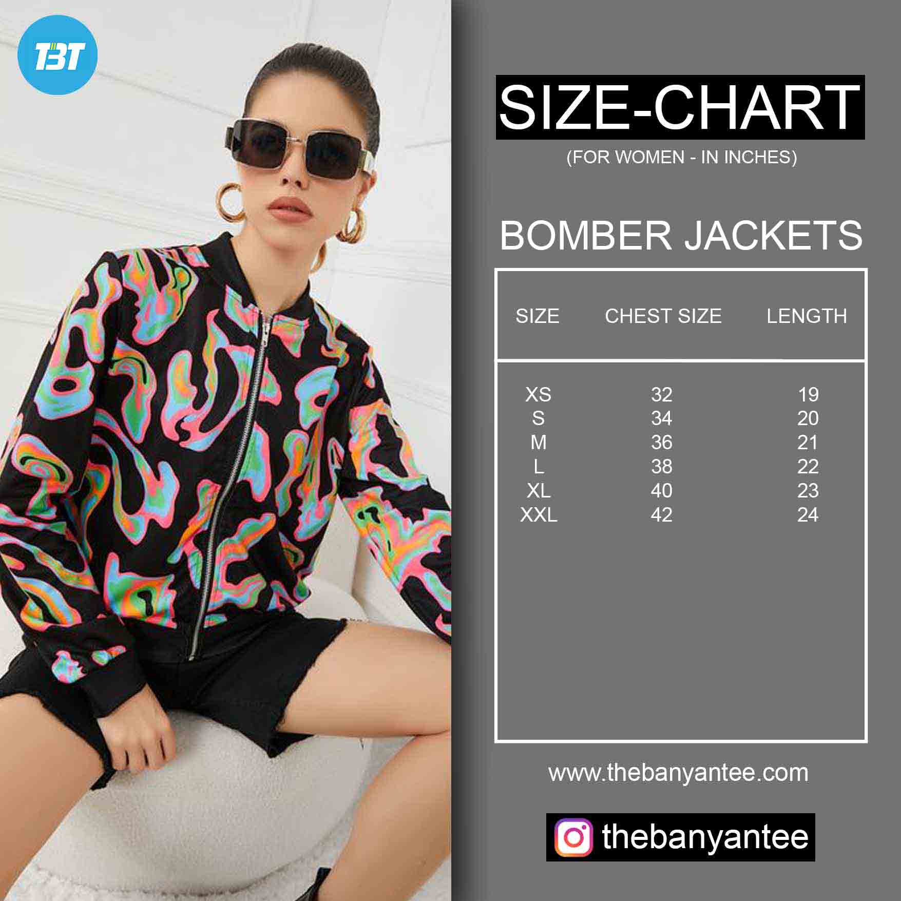 The Banyan Tee Women's Bomber Jacket Size Chart