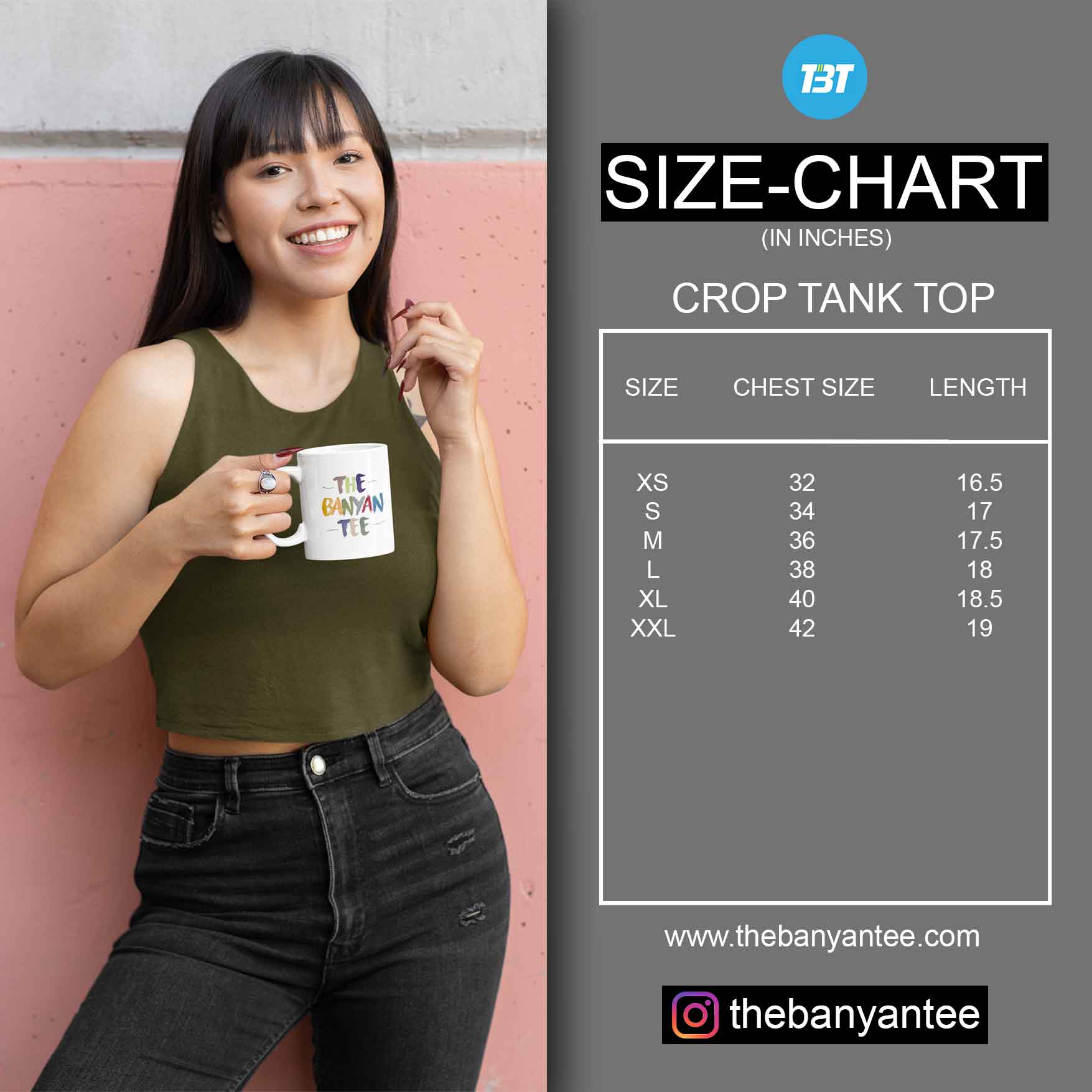 The Banyan Tee Crop Tank Size Chart