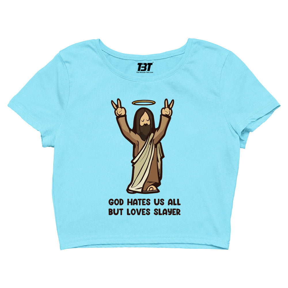 slayer god loves slayer crop top music band buy online india the banyan tee tbt men women girls boys unisex sky blue