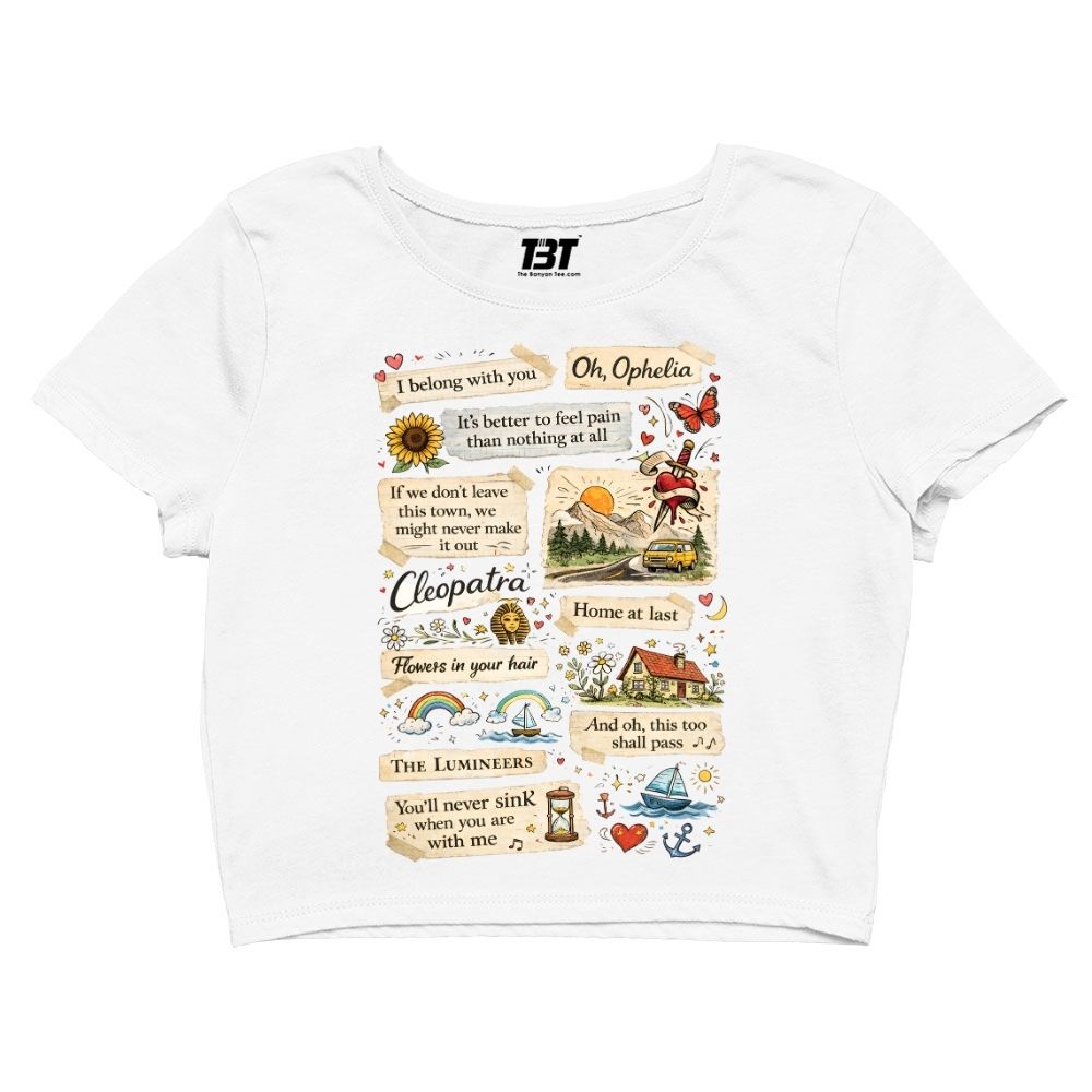 White t-shirt with colorful graphic design on a white background the lumineers concert merch