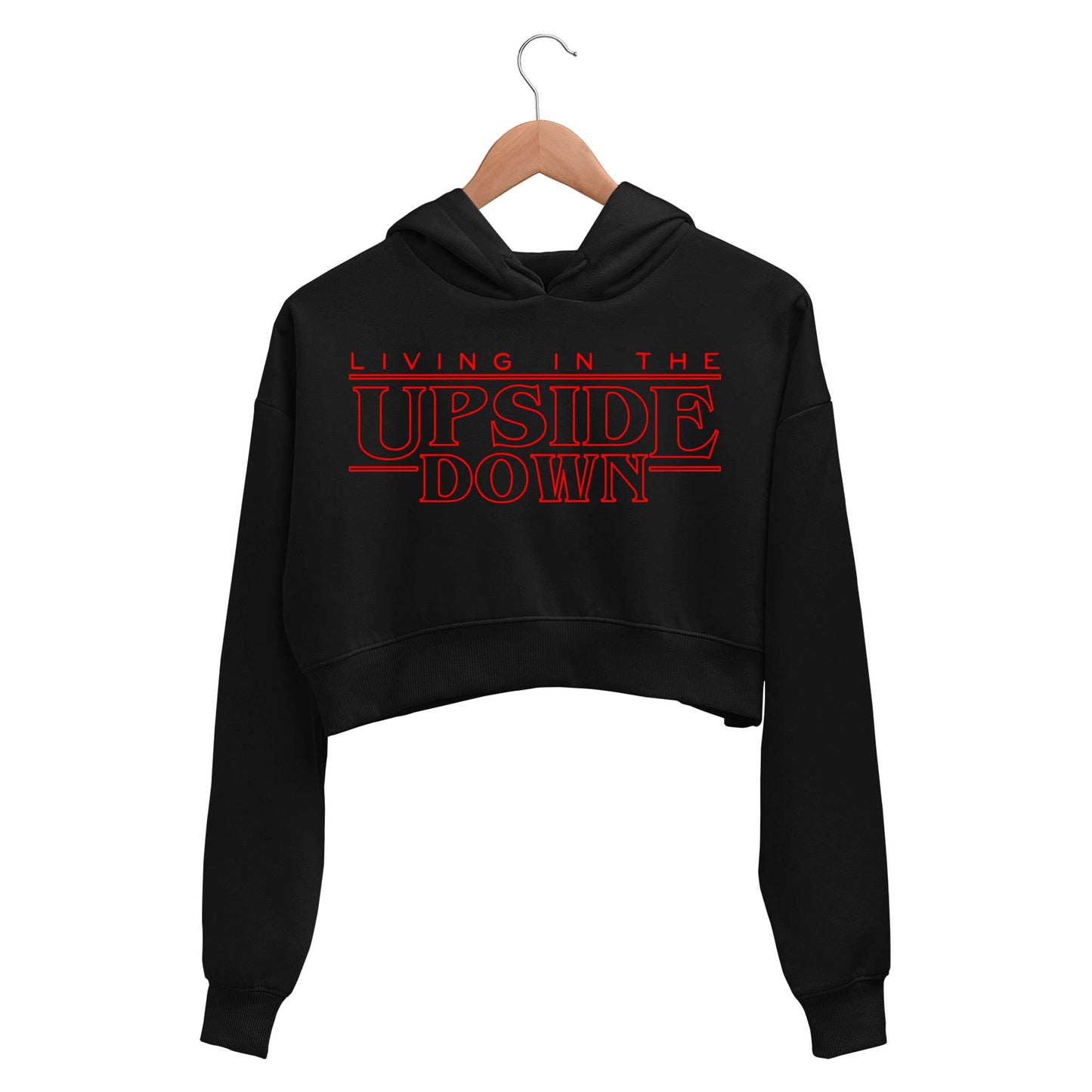 stranger things the upside down crop hoodie hooded sweatshirt upper winterwear tv & movies buy online india the banyan tee tbt men women girls boys unisex black stranger things eleven demogorgon shadow monster dustin quote vector art clothing accessories merchandise