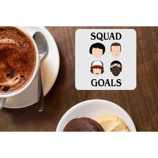 stranger things squad goals coasters wooden table cups indian tv & movies buy online india the banyan tee tbt men women girls boys unisex  stranger things eleven demogorgon shadow monster dustin quote vector art clothing accessories merchandise