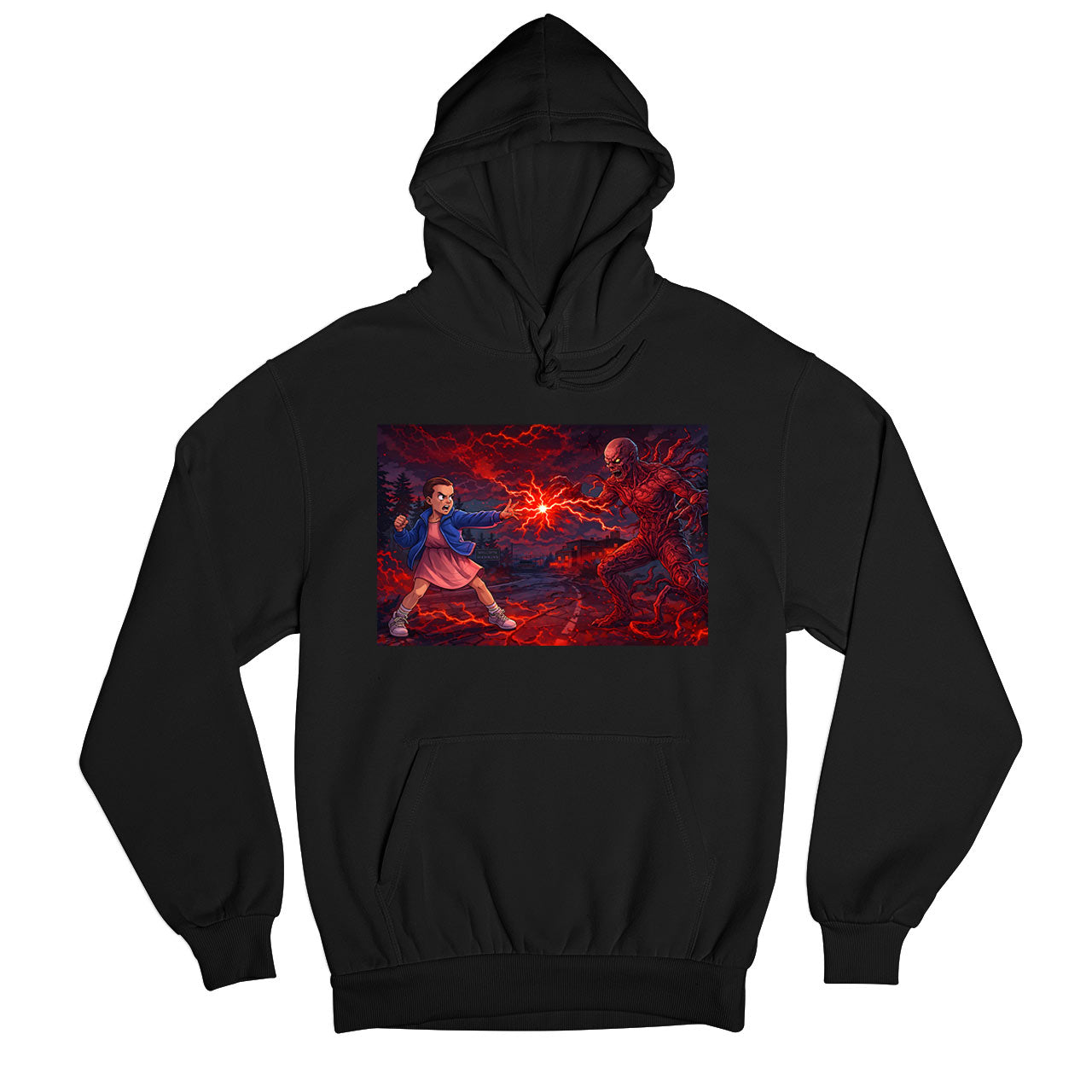 stranger things 11 vs 1 hoodie hooded sweatshirt winterwear tv & movies buy online india the banyan tee tbt men women girls boys unisex black stranger things eleven demogorgon shadow monster dustin quote vector art clothing accessories merchandise