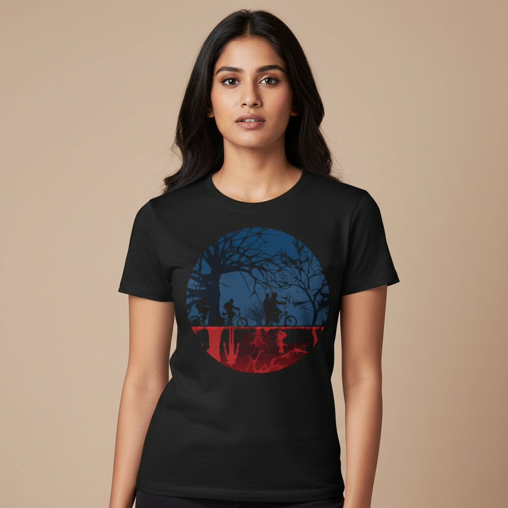 stranger things the upside down t-shirt tv & movies buy online india the banyan tee tbt men women girls boys unisex black stranger things eleven demogorgon shadow monster dustin quote vector art clothing accessories merchandise