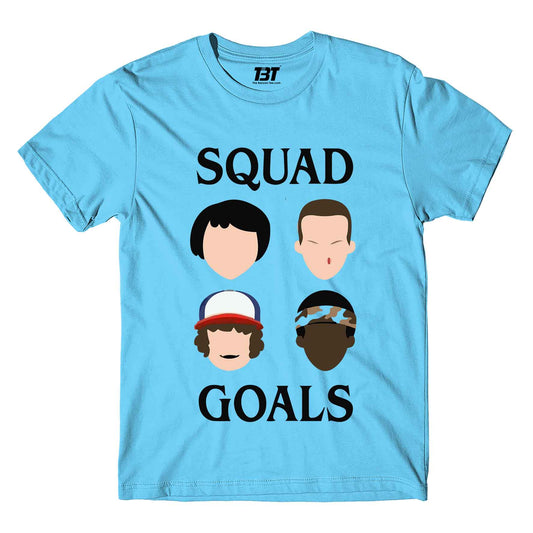 stranger things squad goals t-shirt tv & movies buy online india the banyan tee tbt men women girls boys unisex white stranger things eleven demogorgon shadow monster dustin quote vector art clothing accessories merchandise