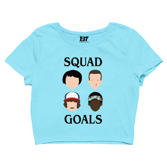 stranger things squad goals crop top tv & movies buy online india the banyan tee tbt men women girls boys unisex white stranger things eleven demogorgon shadow monster dustin quote vector art clothing accessories merchandise
