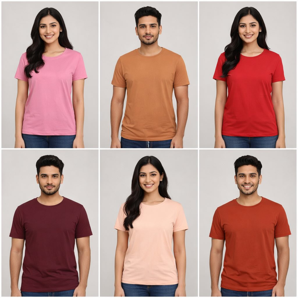 Collage of people wearing plain t-shirts in various colors on a gray background the banyan tee combo