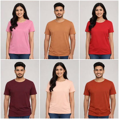 Collage of people wearing plain t-shirts in various colors on a gray background the banyan tee combo