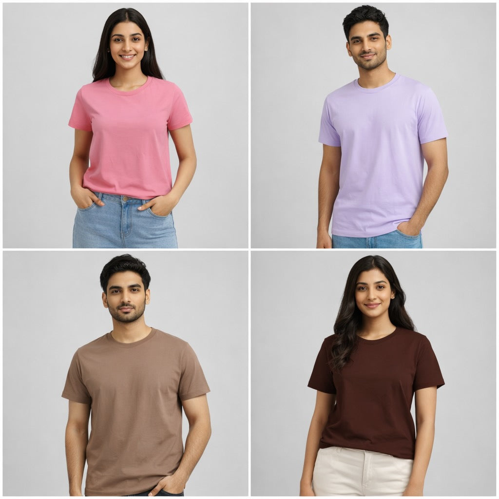 Four people wearing plain t-shirts in different colors on a gray background combo the banyan tee
