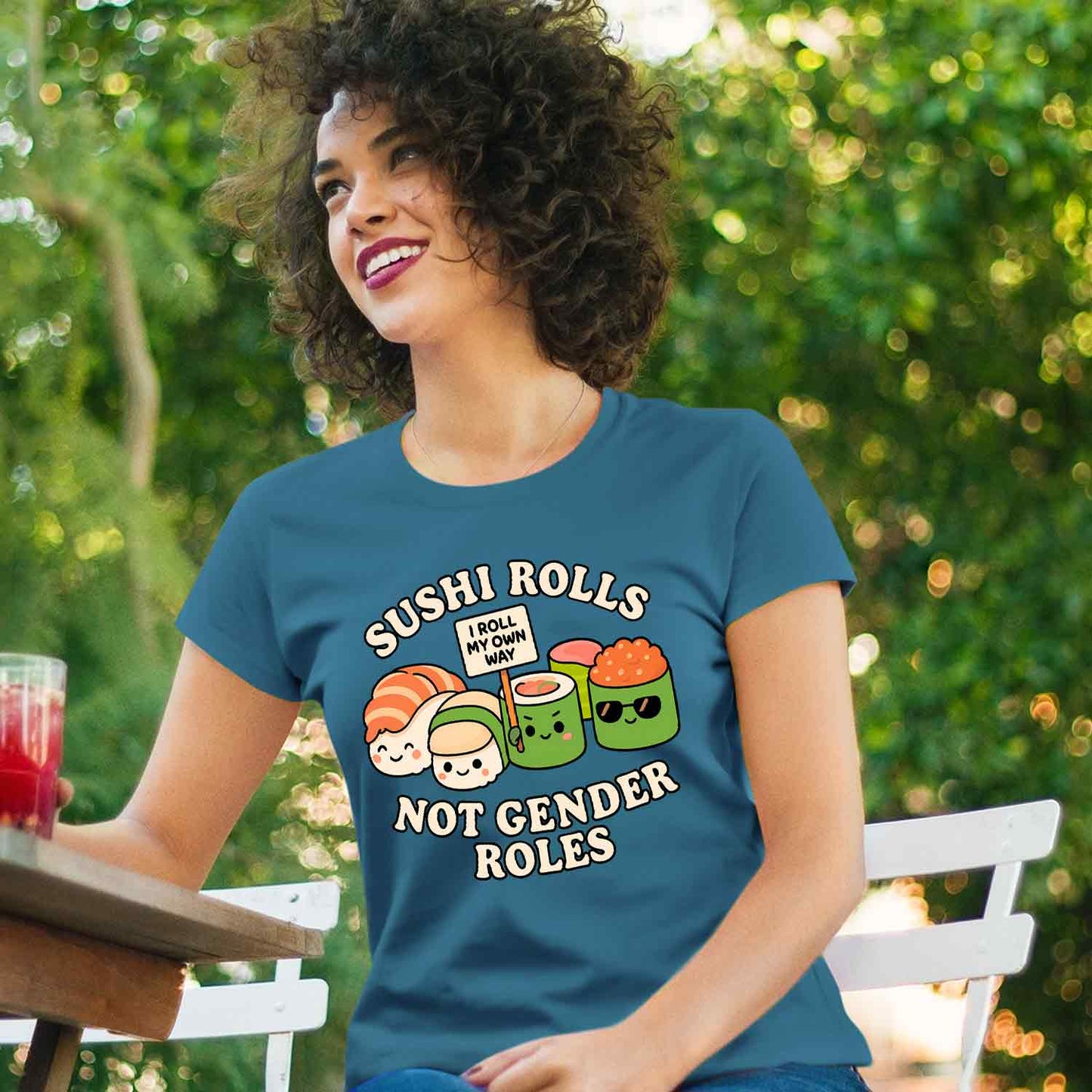 graphic sushi rolls not gender roles t-shirt printed graphic stylish buy online india the banyan tee tbt men women girls boys unisex coral blue 