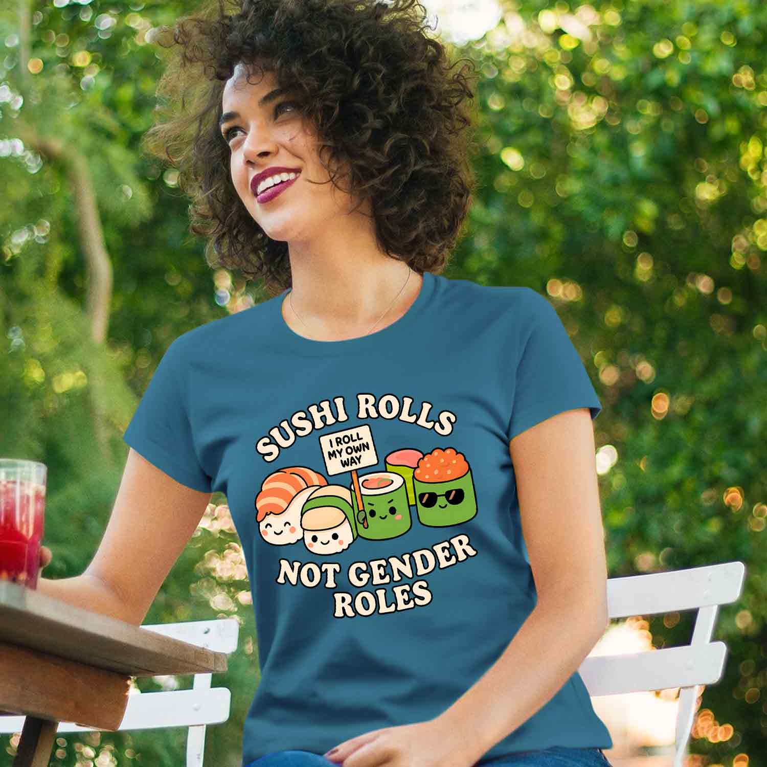 graphic sushi rolls not gender roles t-shirt printed graphic stylish buy online india the banyan tee tbt men women girls boys unisex coral blue 