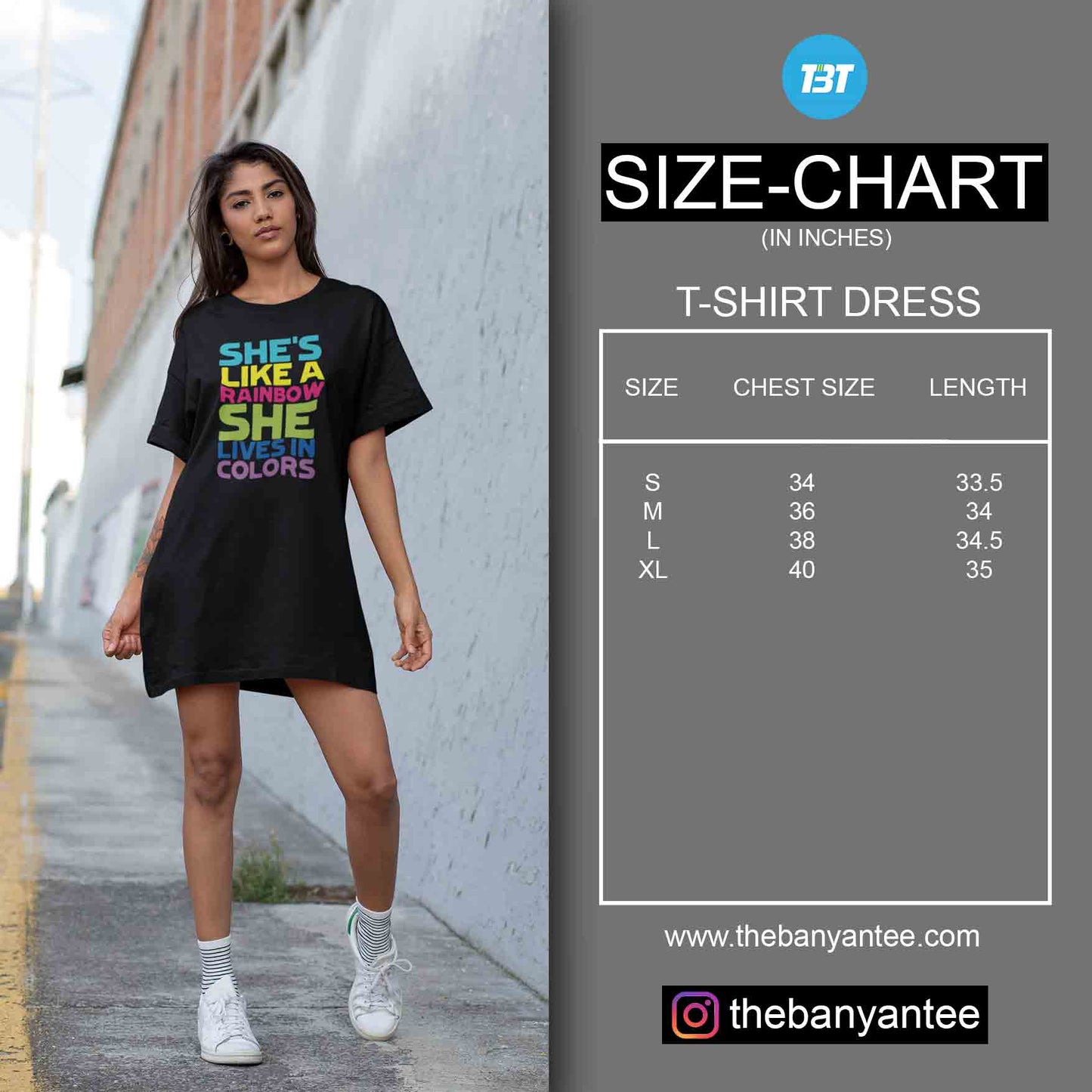The Banyan Tee T-shirt Dress Size Chart