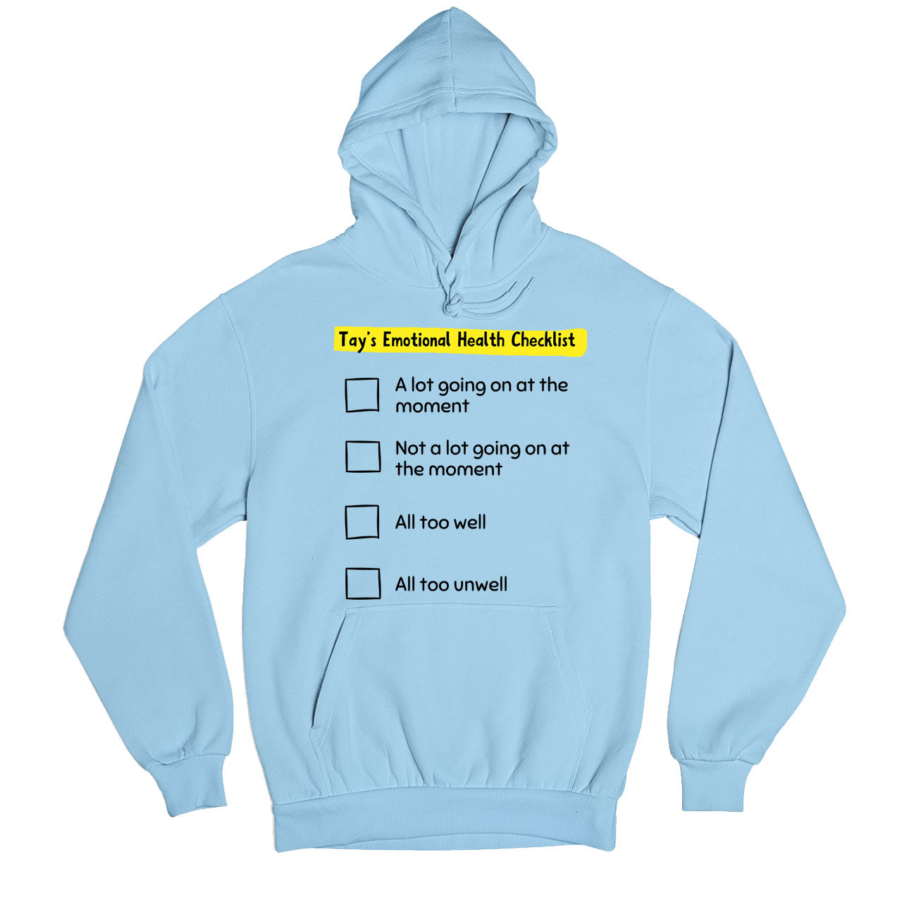taylor swift tay's emotional health checklist hoodie hooded sweatshirt winterwear music band buy online india the banyan tee tbt men women girls boys unisex baby blue