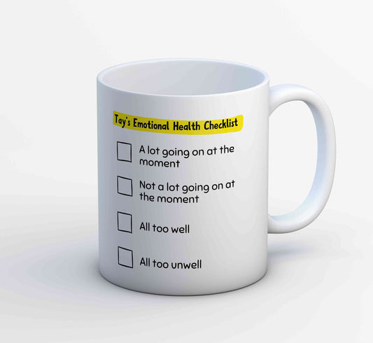 taylor swift tay's emotional health checklist mug coffee ceramic music band buy online india the banyan tee tbt men women girls boys unisex  