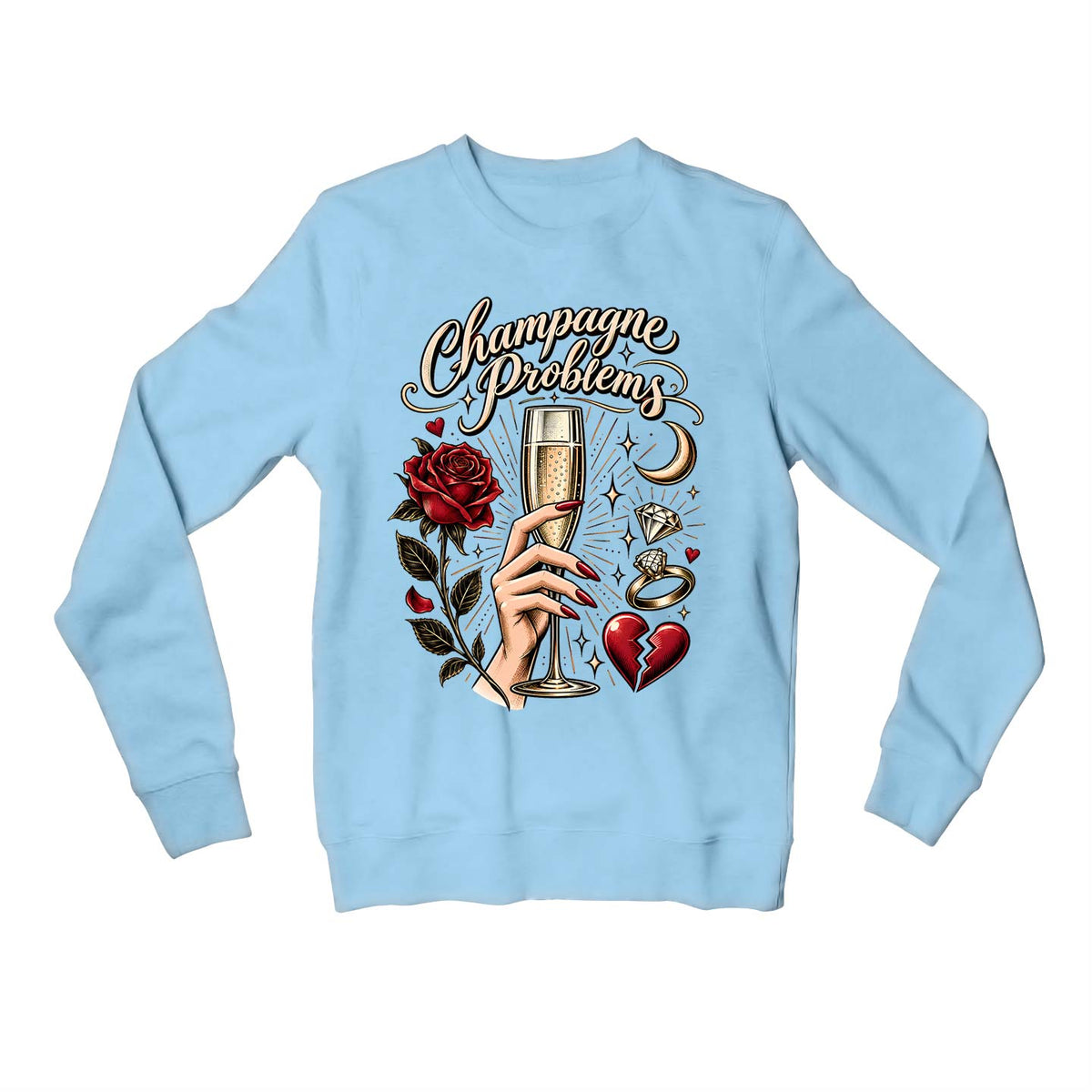 taylor swift champagne problems sweatshirt upper winterwear music band buy online india the banyan tee tbt men women girls boys unisex baby blue 