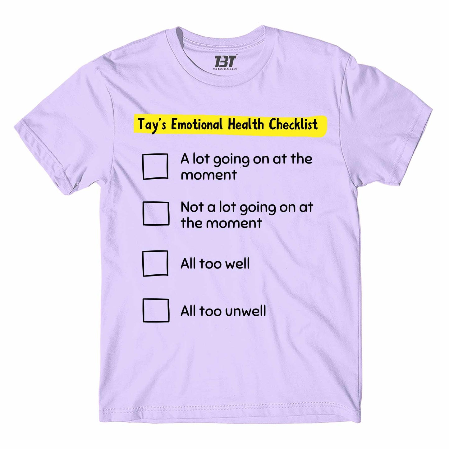 taylor swift tay's emotional health checklist t-shirt music band buy online india the banyan tee tbt men women girls boys unisex lavender