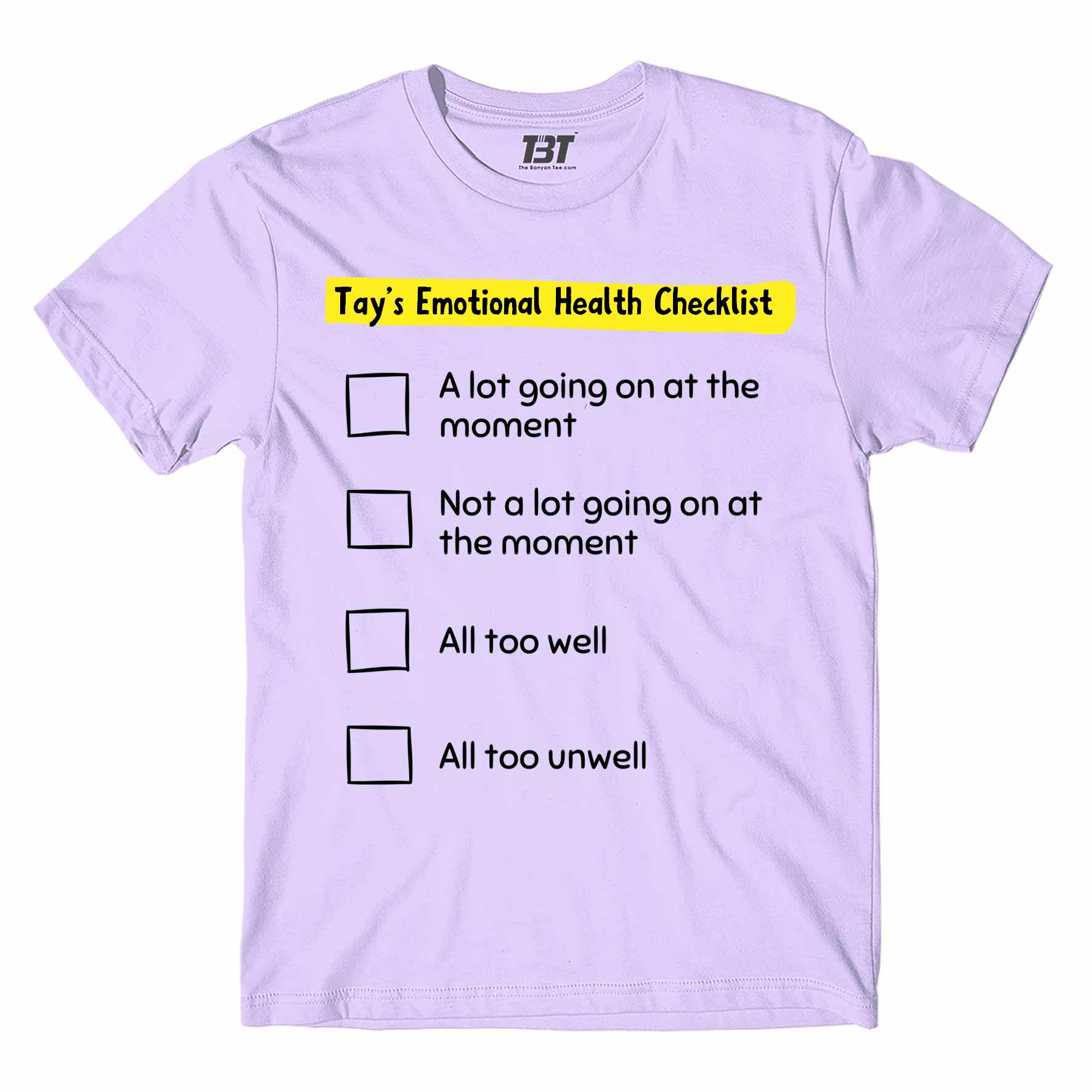 taylor swift tay's emotional health checklist t-shirt music band buy online india the banyan tee tbt men women girls boys unisex lavender