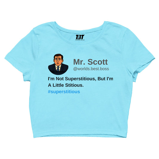 the office i am not superstitious i am a little stitious crop top tv & movies buy online india the banyan tee tbt men women girls boys unisex Sky Blue - michael scott quote