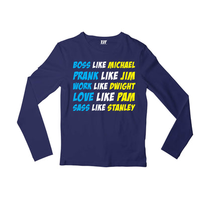 the office be like full sleeves long sleeves tv & movies buy online india the banyan tee tbt men women girls boys unisex navy - michael jim dwight pam stanley