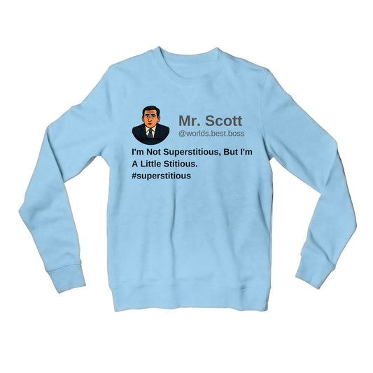 the office i am not superstitious i am a little stitious sweatshirt upper winterwear tv & movies buy online india the banyan tee tbt men women girls boys unisex navy - michael scott quote