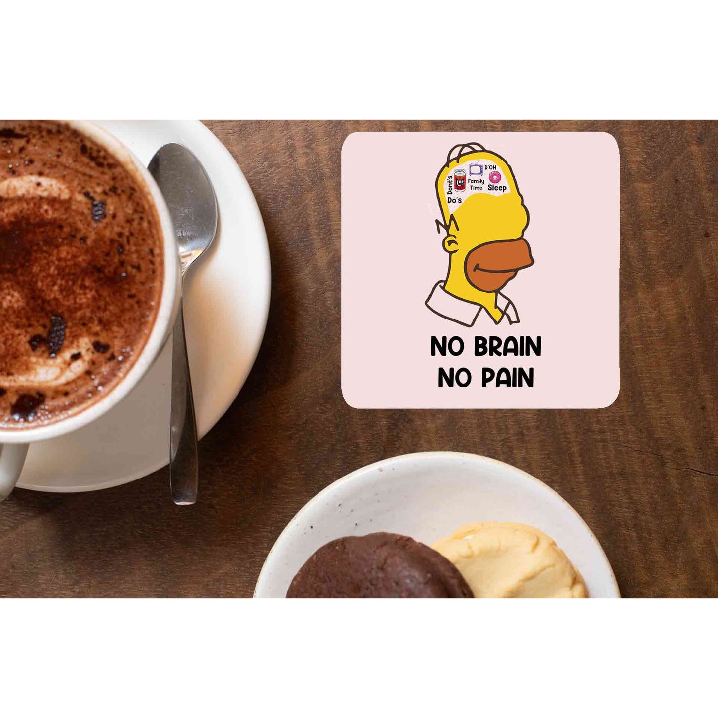 the simpsons no brain no pain coasters wooden table cups indian tv & movies buy online india the banyan tee tbt men women girls boys unisex  - homer simpson