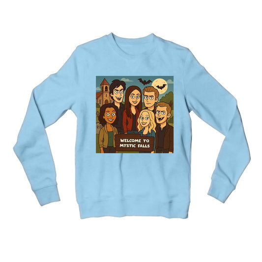 the vampire diaries welcome to mystic falls sweatshirt upper winterwear tv & movies buy online india the banyan tee tbt men women girls boys unisex baby blue 