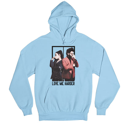 the weeknd love me harder hoodie hooded sweatshirt winterwear music band buy online india the banyan tee tbt men women girls boys unisex baby blue