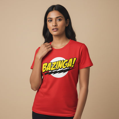 Red t-shirt with 'Bazinga!' graphic on a white background The Big Bang Theory T-shirt