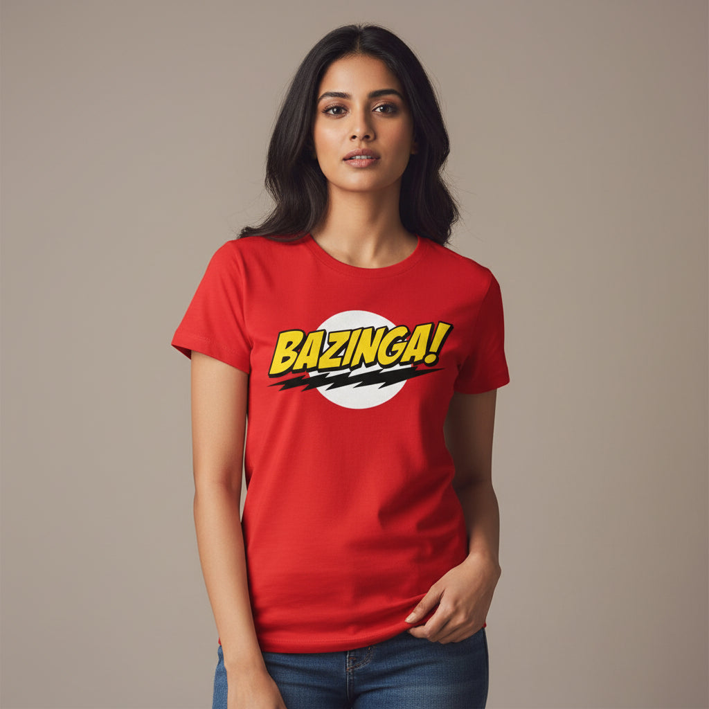 Red t-shirt with 'Bazinga!' graphic on a white background The Big Bang Theory T-shirt