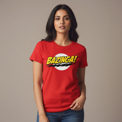 Red t-shirt with 'Bazinga!' graphic on a white background The Big Bang Theory T-shirt