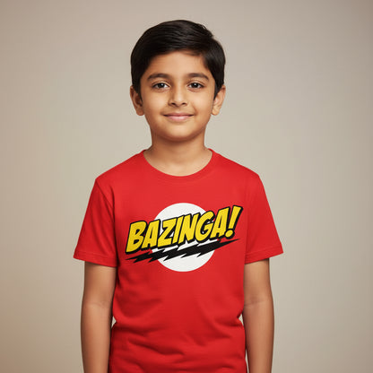 Red t-shirt with 'Bazinga!' graphic on a white background The Big Bang Theory T-shirt