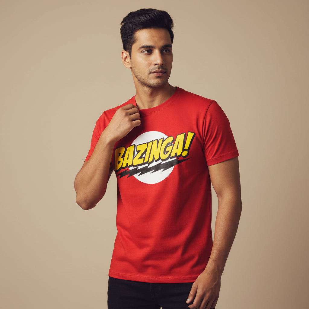 Red t-shirt with 'Bazinga!' graphic on a white background The Big Bang Theory T-shirt