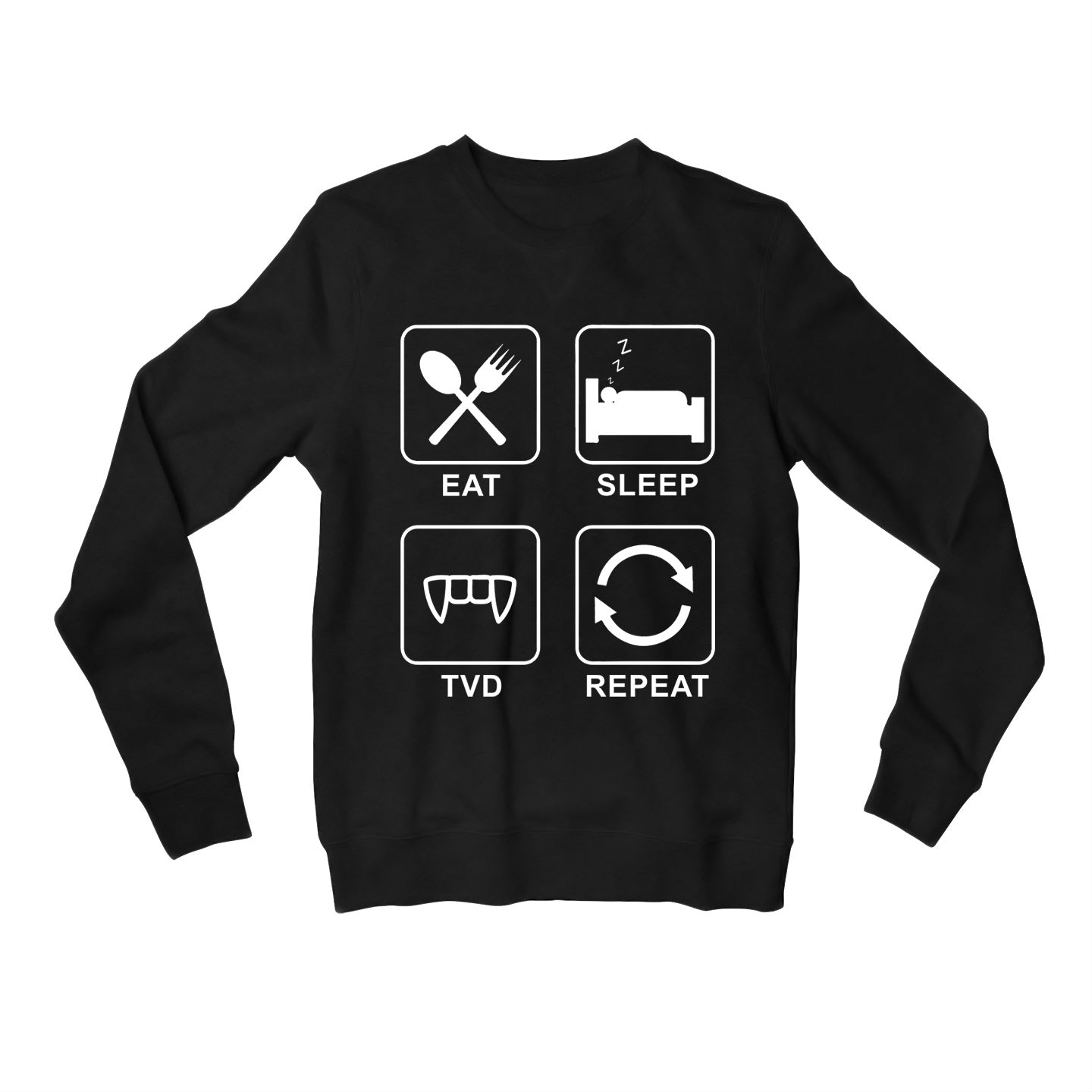 the vampire diaries eat sleep tvd repeat sweatshirt upper winterwear tv & movies buy online india the banyan tee tbt men women girls boys unisex black tvd stefan elena damon caroline katherine tyler bonnie