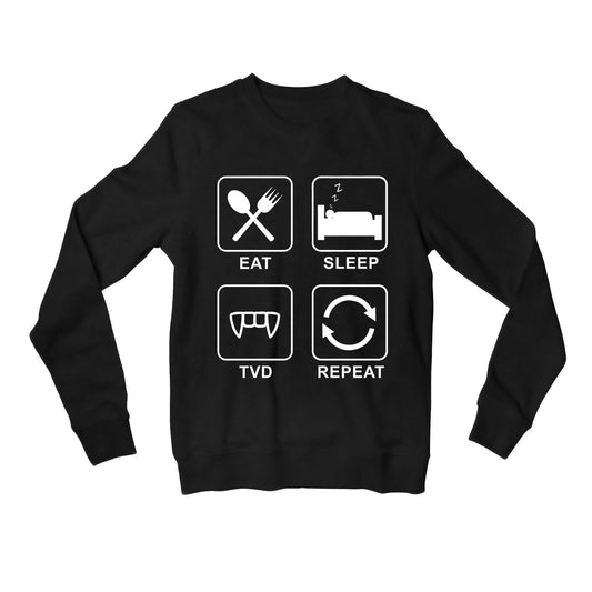 the vampire diaries eat sleep tvd repeat sweatshirt upper winterwear tv & movies buy online india the banyan tee tbt men women girls boys unisex black tvd stefan elena damon caroline katherine tyler bonnie