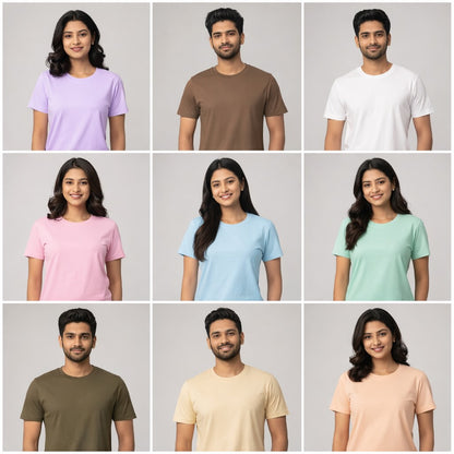 Grid of people wearing plain t-shirts in various colors on a gray background the banyan tee combo