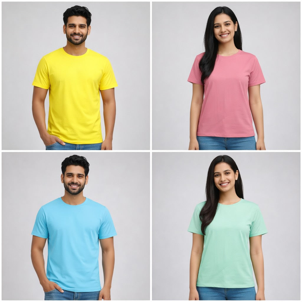 Four people wearing different colored t-shirts on a gray background the banyan tee combo