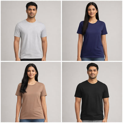 Four people wearing plain t-shirts in gray, blue, brown, and black on a light gray background. the banyan tee combo