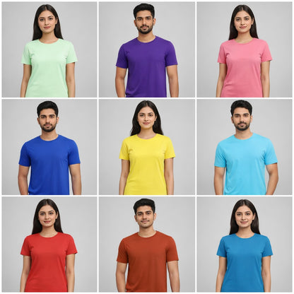 Grid of people wearing plain colored t-shirts on a gray background the banyan tee combo