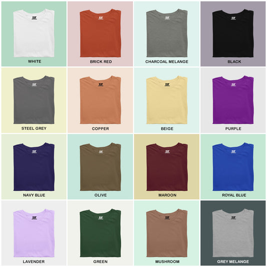 All Season Essential Combo Pack Of 16 Multicolor combo Premium cotton T-shirt unisex tees half sleeve crew neck regular fit T-shirt colors available White Brick Red Charcoal Melange Black Steel Grey Copper Beige Purple Navy Blue  Olive Maroon Royal Blue Lavender Green Mushroom Grey Melange