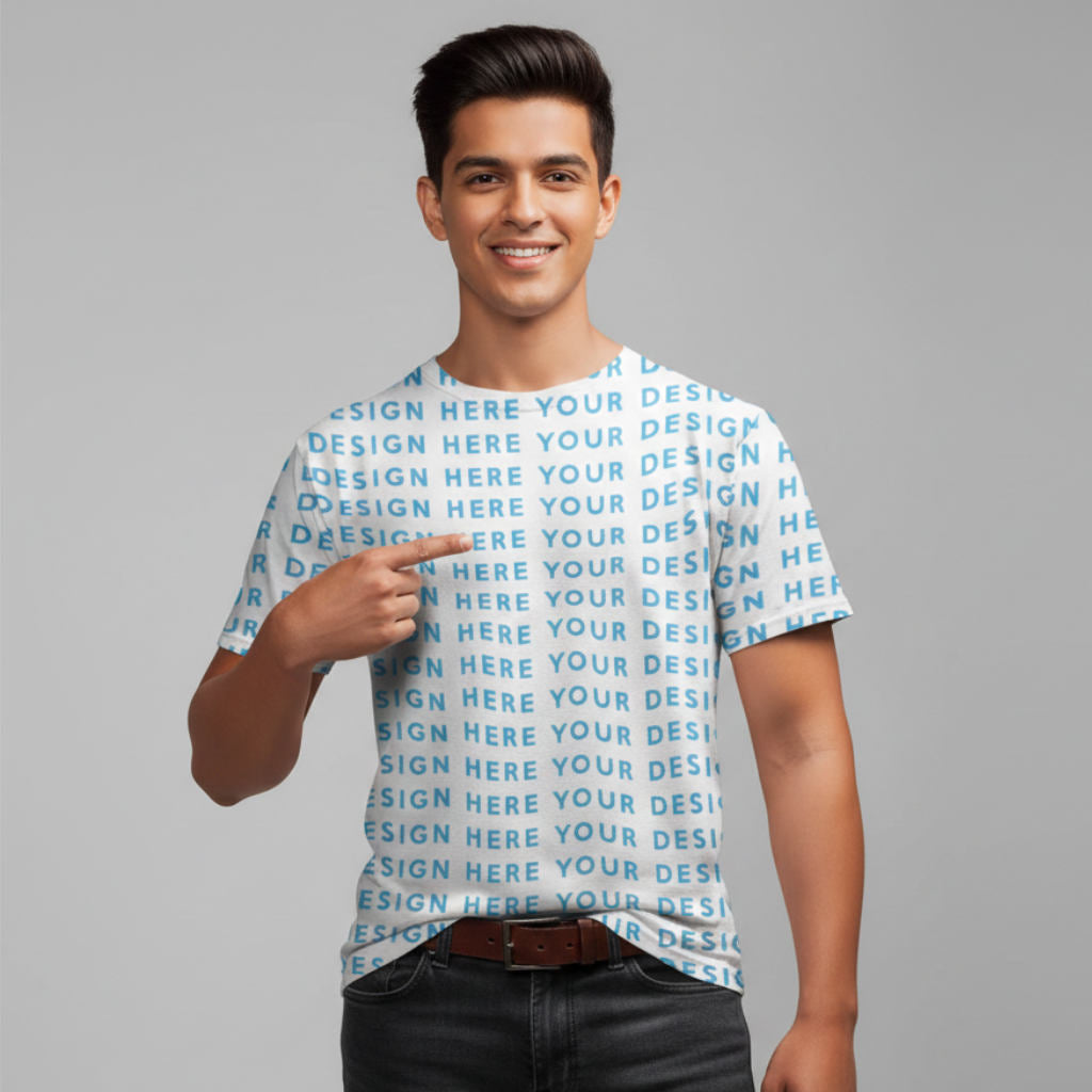 Man wearing a all over printed customizable t-shirt with 'Design Here' text on a gray background