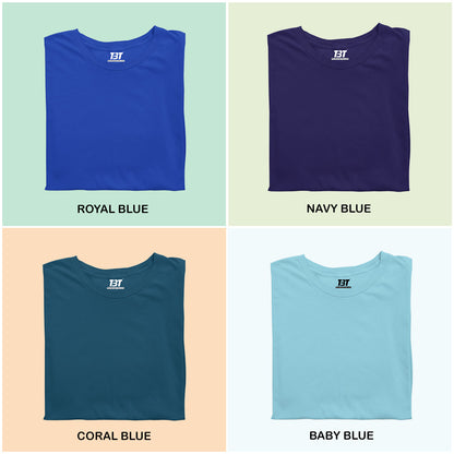 Blue Escape Combo Pack Of 4 Multicolor combo Premium cotton T-shirt unisex tees half sleeve crew neck regular fit T-shirt colors available royal blue navy blue coral blue baby blue 