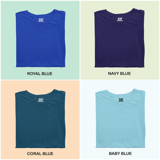 Blue Escape Combo Pack Of 4 Multicolor combo Premium cotton T-shirt unisex tees half sleeve crew neck regular fit T-shirt colors available royal blue navy blue coral blue baby blue 