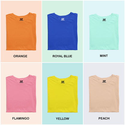 Bright Bliss Combo Pack Of 6 Multicolor combo Premium cotton T-shirt unisex tees half sleeve crew neck regular fit T-shirt colors available orange royal blue mint flamingo yellow peach