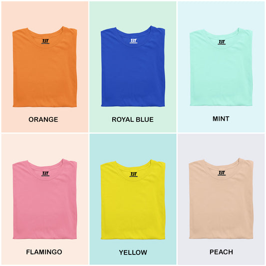 Bright Bliss Combo Pack Of 6 Multicolor combo Premium cotton T-shirt unisex tees half sleeve crew neck regular fit T-shirt colors available orange royal blue mint flamingo yellow peach