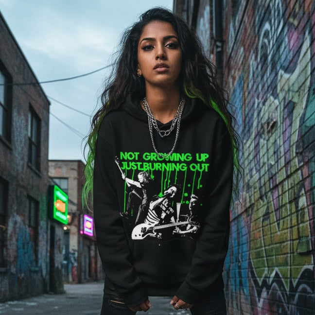 Hoodie - Burnout Green Day Person wearing a black hoodie with a graphic design and text on a white background